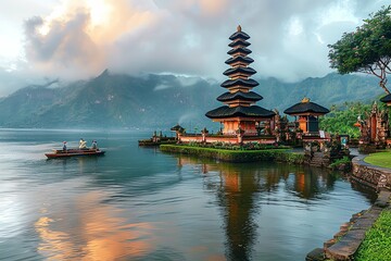 Ancient pura ulun danu bratan, besakih or famous hindu temple and tourist in bali island at sunrise