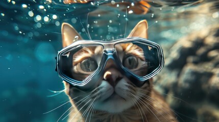 A diving cat, wearing diving goggles, exploring the underwater 
