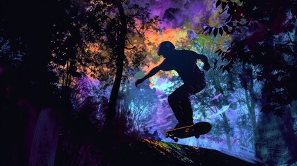 Naklejka premium Silhouette of a skateboarder performing a trick against colorful forest sunset, capturing the essence of adventure and freedom.