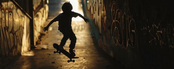 Obraz premium Silhouette of a skateboarder performing a trick in a dimly lit urban alleyway with graffiti-covered walls.