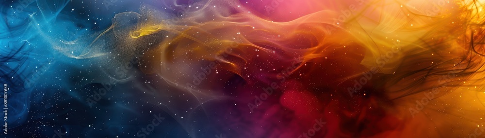 Poster a blurry image of a gold and red swirl with many small dots. the image has a dreamy, ethereal qualit