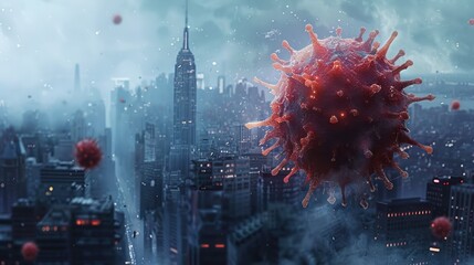 Close up virus floating in the air with a city background