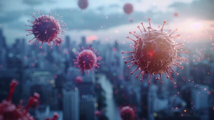 Close up virus floating in the air with a city background