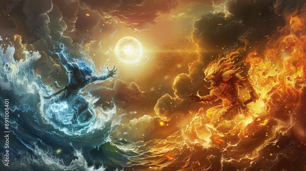 Wall mural elemental avatars of fire and water engaged in an elemental war beneath a blazing sun and turbulent 