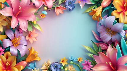 Colorful flower frame on a blue background.