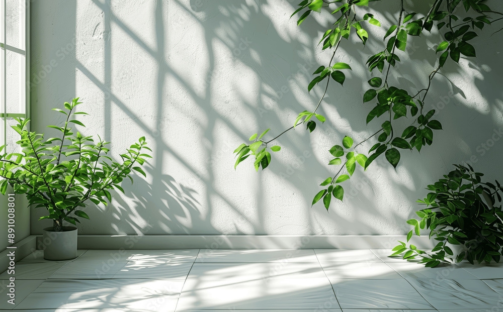 Poster abstract shadows from window and tree leaves on white wall - minimalistic background for natural pro