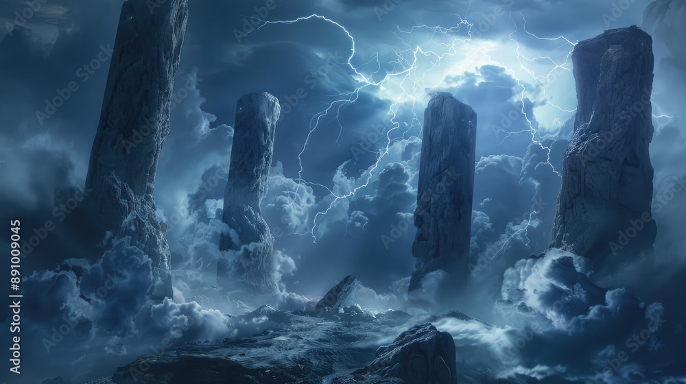 Wall mural elemental embodiments of thunder and mist clashing in a primordial arena of towering monoliths and s