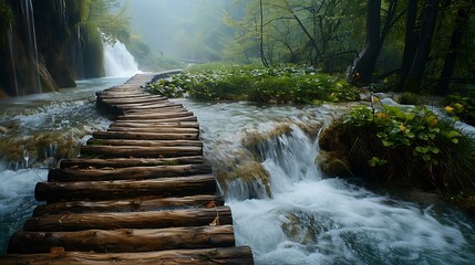 Obraz premium serene wooden pathway leads through lush, misty forest by river.