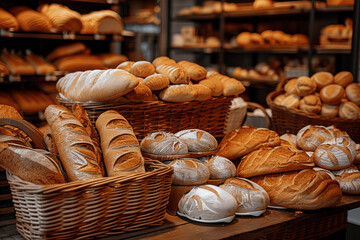 Fresh Bread and Pastries on Bakery Counter with Baskets of Baguettes, Loaves, Buns, and Cookies