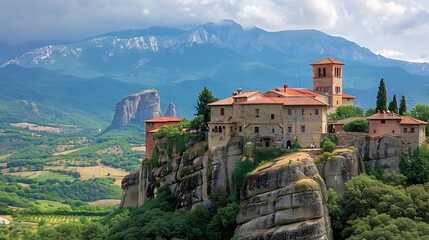 Stunning monastery perched on rocky cliffs with mountains in background.