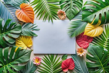 Vibrant summer-inspired mockup showcasing a blank greeting card surrounded by neatly arranged dried tropical leaves, providing ample space for personalized messages and designs.