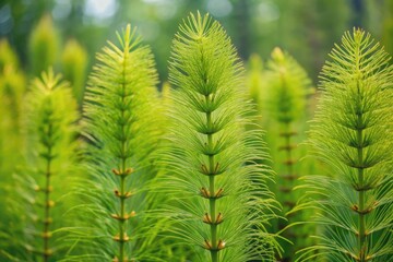 Delicate, feathery plumes of Equisetum arvense, also known as field horsetail or common horsetail, sway gently in the breeze, showcasing its unique, ancient, and medicinal properties.