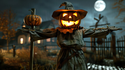 a scarecrow with a carved pumpkin head in a dark