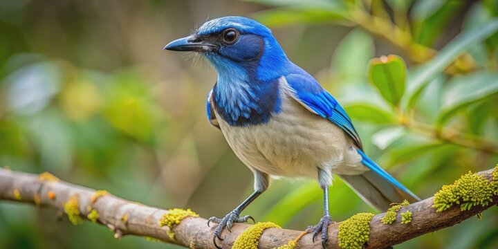 Vibrant Florida scrub jay with bright blue and white feathers, bold black necklace, and curious gaze, perched on a branch, showcasing its striking features.
