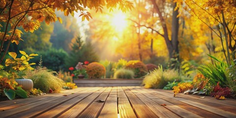 Warm sunny autumn scene with yellow and orange hues, tranquil wood decking background, surrounded by lush garden plants, with soft sunlight and gentle reflections.