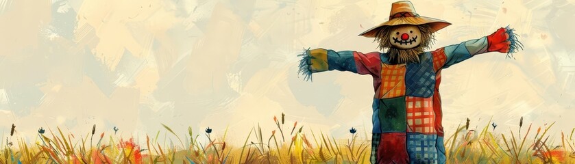Obraz premium Hayride, family adventure, scarecrow in patchwork clothes, watercolor style