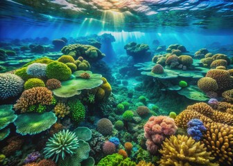 Fototapeta premium Vibrant coral reefs and marine textures in blues and greens evoke an otherworldly oceanic landscape with undulating waves and mesmerizing depths.
