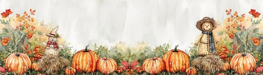 Pumpkin patch, hay bales and scarecrow, festive fall scene, watercolor style