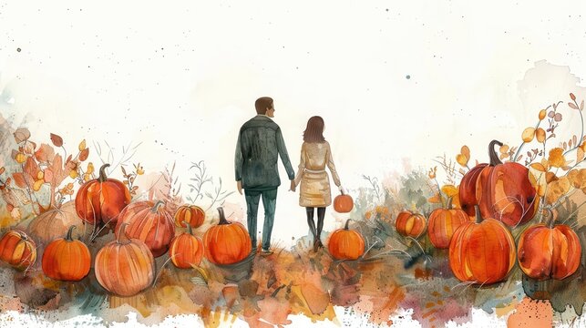 Pumpkin patch, couple holding hands among pumpkins, romantic setting, watercolor style - Powered by Adobe