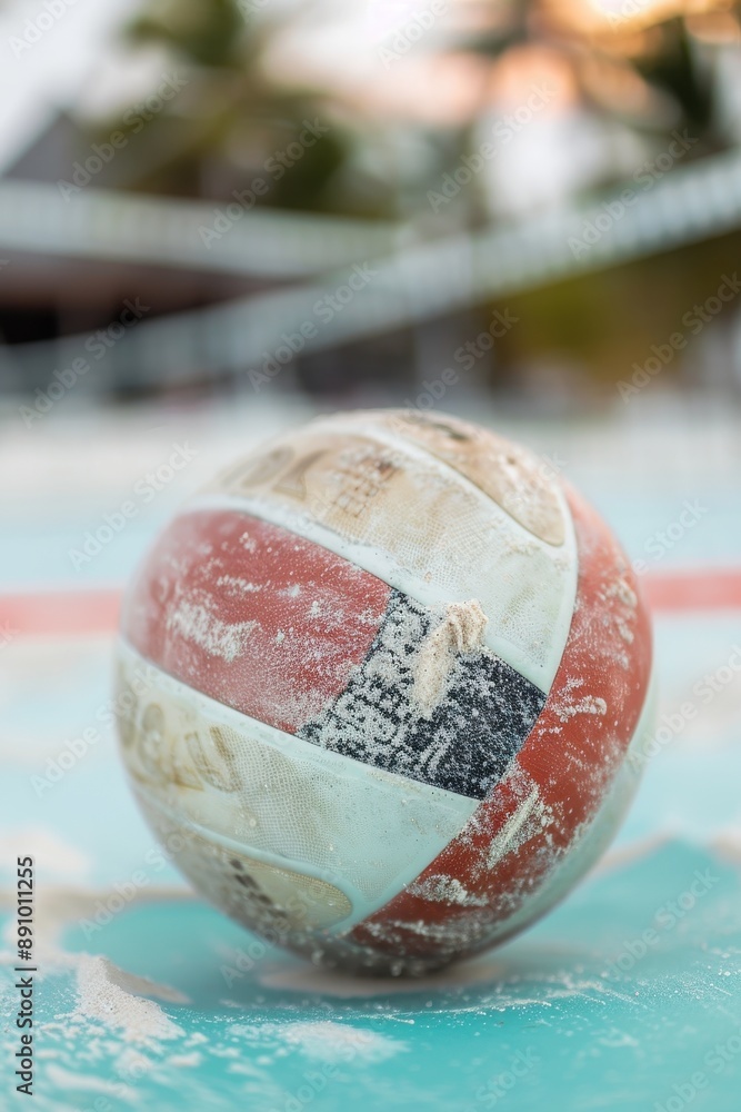 Sticker A volleyball is sitting on the sand with a blurry background. The ball is white and orange. The scene is blurry and has a dreamy, ethereal quality