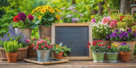 Cozy home garden arrangements with potted plants and colorful flowers surrounding an empty blackboard, perfect for writing notes or creating a to-do list.