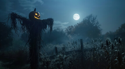 Fototapeta premium a scarecrow with a carved pumpkin head in a dark