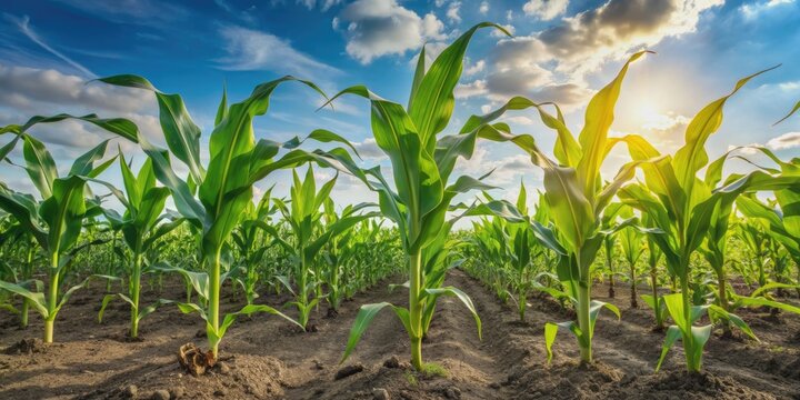 Fresh green corn plants growing in a field, showcasing various vegetative stages from seedling to tall mature stalks with leaves and tassels, under sunny sky.