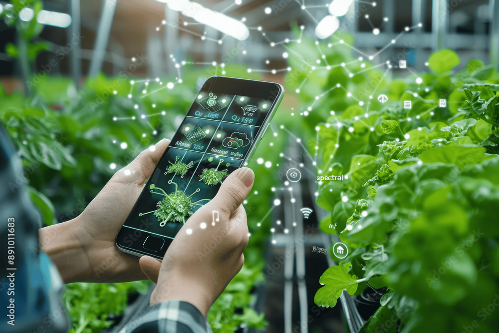 Poster smart farming with iot tech agricultural student monitoring plant growth and water paths high resolu