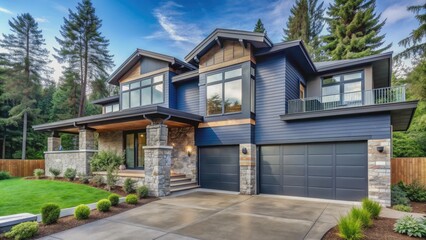 Fototapeta premium Modern luxurious new construction home in Bellevue, Washington features sleek blue siding and natural stone wall trim, accented by a spacious two-car garage and lush greenery.