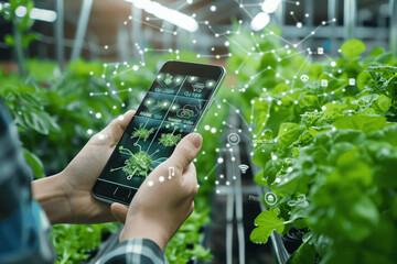 Smart Farming with IoT Tech Agricultural Student Monitoring Plant Growth and Water Paths High Resolution Data on Smartphone High Key Lighting