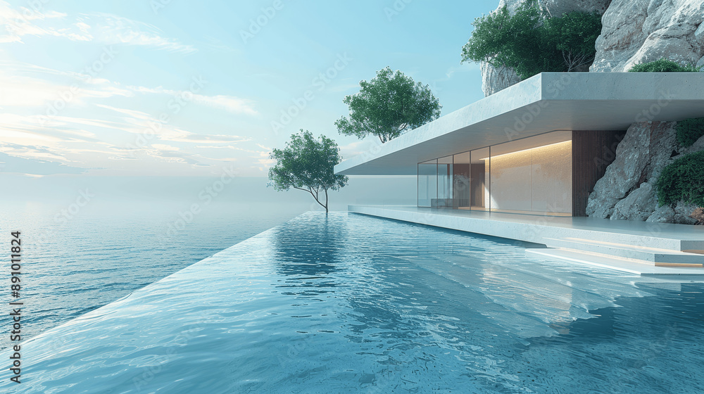 Poster 3d render of modern minimalist architecture with concrete floor and sea background