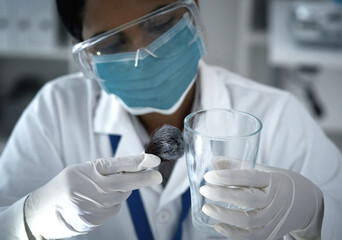 Forensics, scientist and woman with brush in lab for fingerprint, analysis or evidence on glass....