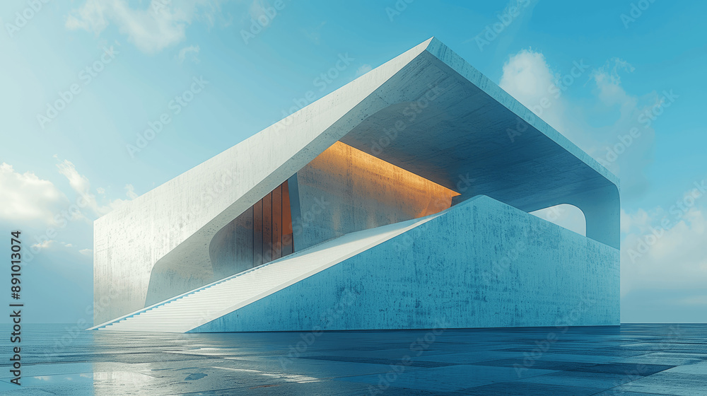 Poster triangular white concrete structure with sharp edges under blue sky in minimalistic architectural ph