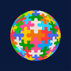 Colorful spherical puzzle stock vector isolated on blue background.