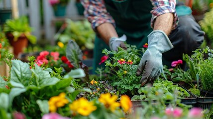 Fototapeta premium A gardener tending to plants in a backyard garden, colorful flowers and vegetables, green thumb