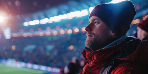 Fototapeta premium A man wearing a beanie and red jacket watches a live soccer match in a stadium filled with lights and spectators.