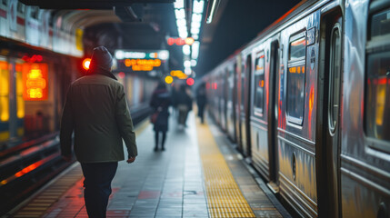Fototapeta premium A lone commuter walking along an empty subway platform at night with a train waiting on the tracks.