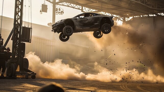 Stunt car performing a high-speed jump at a film set