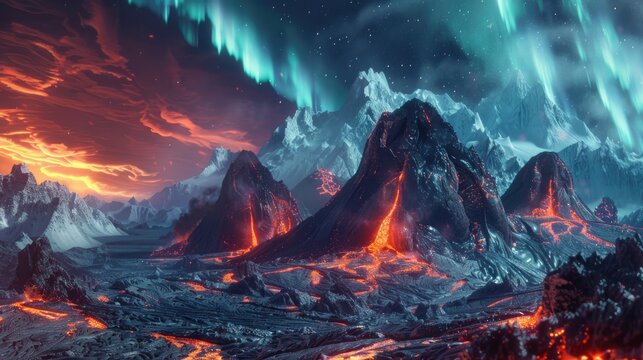 Elemental titans of volcanic fury and glacial wrath clash in a primordial battleground of molten rock and frozen peaks beneath an ever-shifting sky of auroras and volcanic ash.