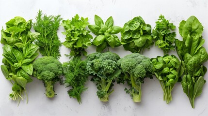 Fresh Green Vegetables and Herbs on White Background