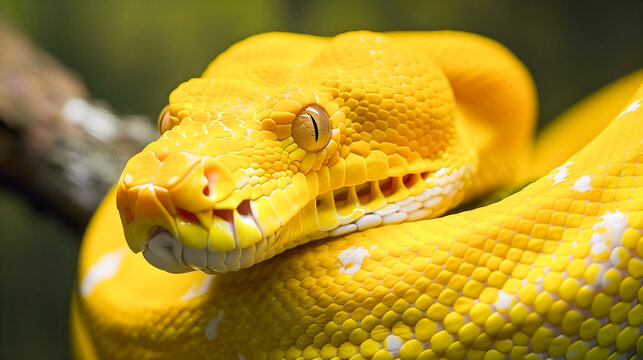 Closeup of a Striking Yellow Python Snake with Intricate Scales Patterns and Piercing Eyes  This Vibrant Reptile Embodies the Beauty and Danger of the Natural World