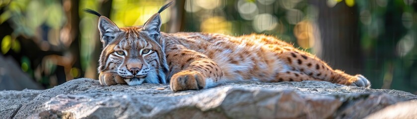 Obraz premium Lynx resting on a rock with a panoramic summer view, Animal Zoo Summer, Regal and Mysterious