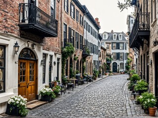 morning scene in a historic district, with charming architecture and cobblestone streets
