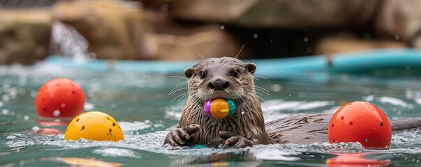Otter swimming and playing with toys in a zoo pond, Animal Zoo Summer, Adorable and Lively