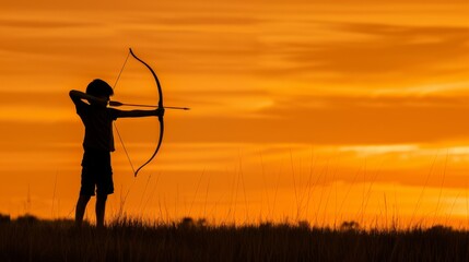 A young archer practicing in an open field at sunset, the bow and arrow silhouetted against the orange sky