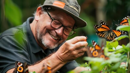 Zookeeper releasing butterflies in a summer butterfly garden, Zookeeper Summer, Magical and Free