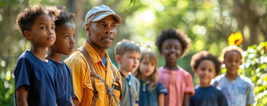 Zookeeper guiding a group of children on a summer zoo tour, Zookeeper Summer, Educational and Fun