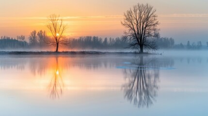 Fototapeta premium A tree is reflected in the water of a lake. The sky is orange and the water is foggy