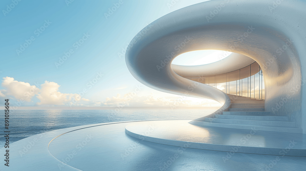 Poster 3d render of futuristic minimalist architecture with curved lines and empty concrete floor