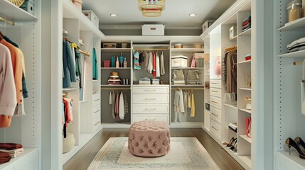 Spacious walk-in closet with organized shelves, designer clothes, and a vanity